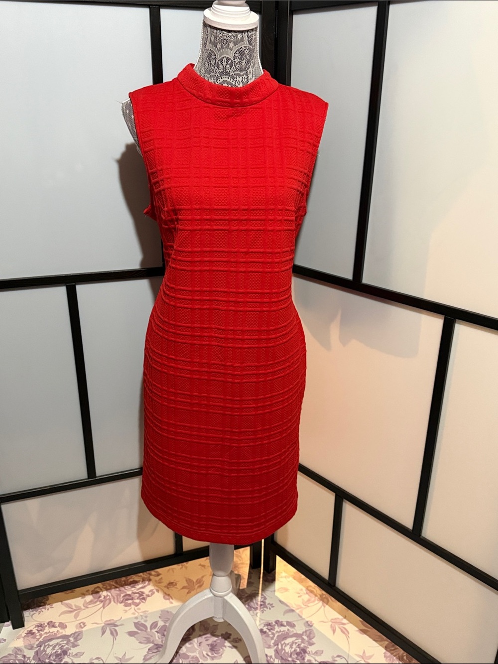 Sharagano Red Sleeveless Textured Sheath Dress